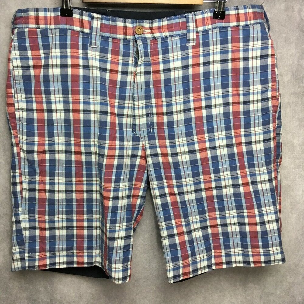 Olde School Mens Reversible Shorts size 38 India Madras Red Plaid Blue Cotton